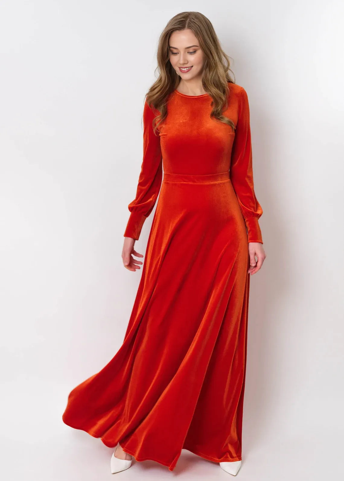 Vestido largo de terciopelo naranja óxido, vestido de dama de honor, vestido de invitada de boda, vestido de terciopelo con abertura, vestido largo, vestido de noche de manga larga
